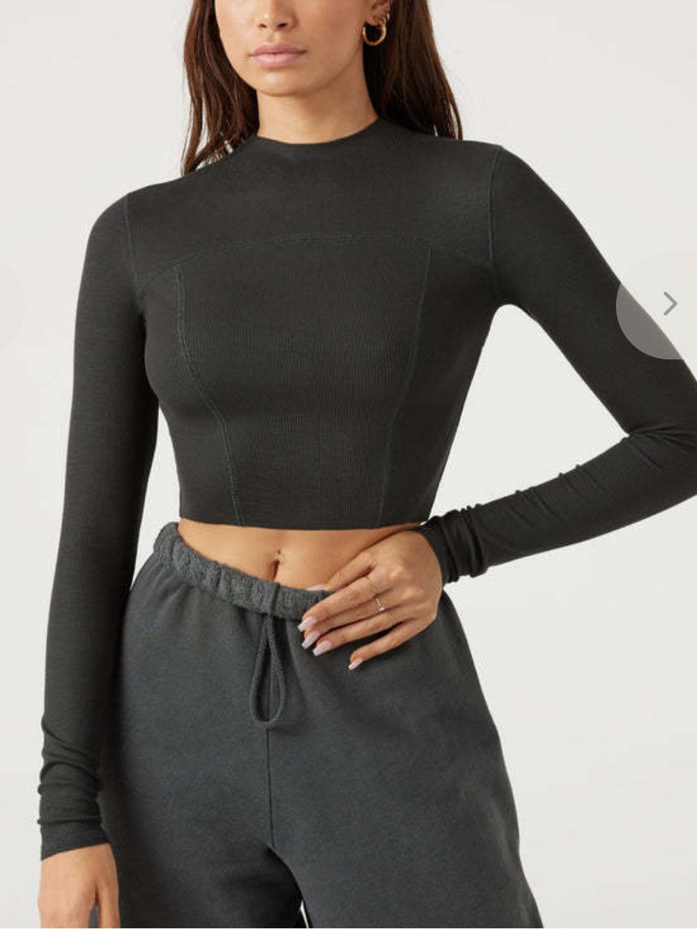 Joah Brown Mock Neck Contrast Stitch Long-Sleeve Crop Top Vintage Black M/L